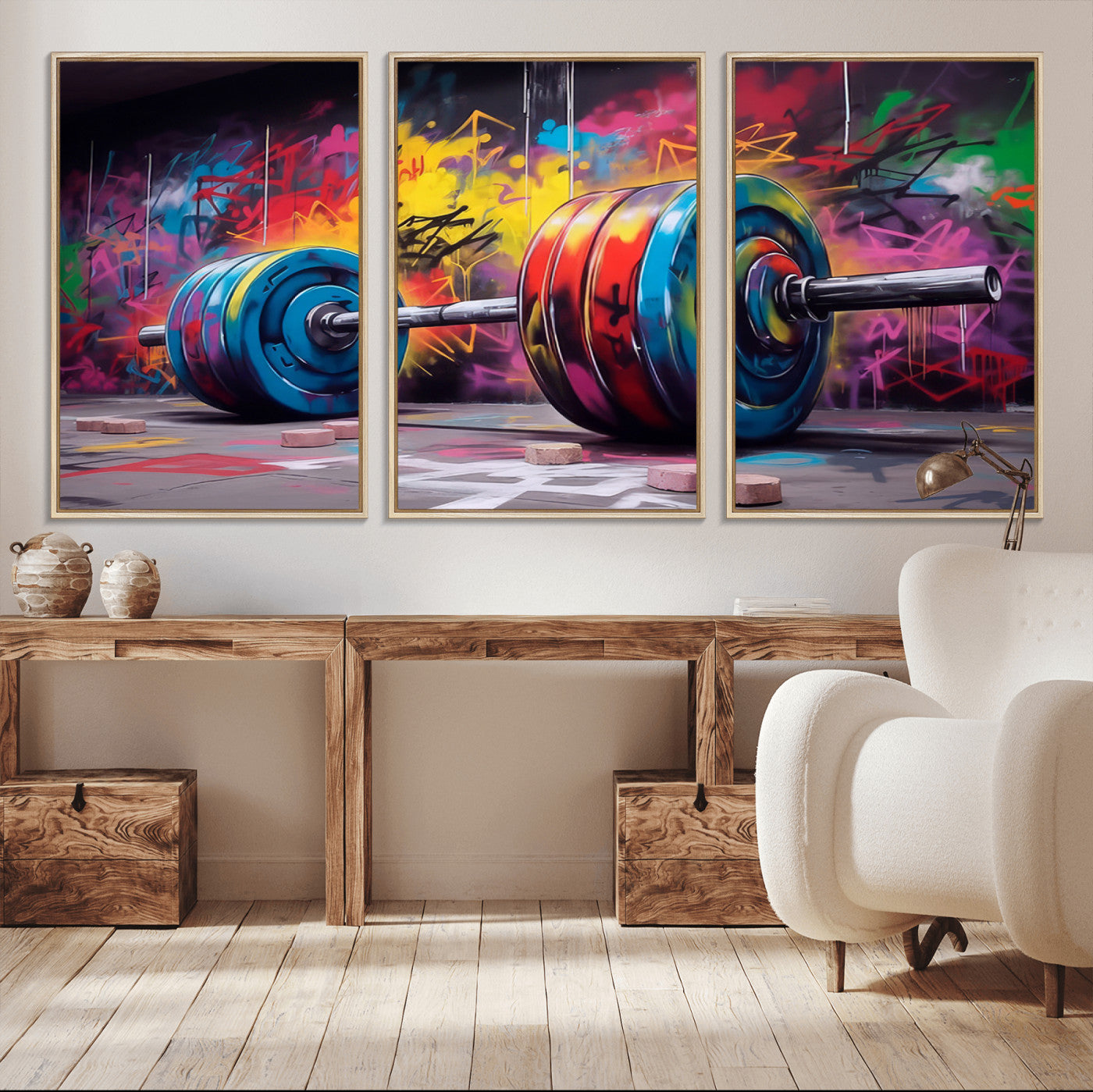 MGV-FC-60X30-3P - Abstract Graffiti Barbell Canvas Wall Art – Urban Fitness Meets Bold Street Art Print - Gym Wall Art
