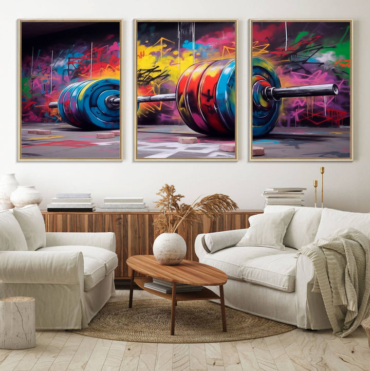 The Abstract Graffiti Barbell Canvas Wall Art is displayed on a porch.