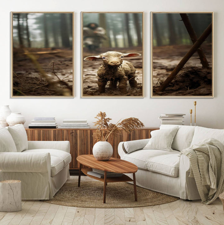 The Jesus Lost Lamb Canvas Wall Art features a heartwarming woodland scene, beautifully capturing the essence of serenity and grace.