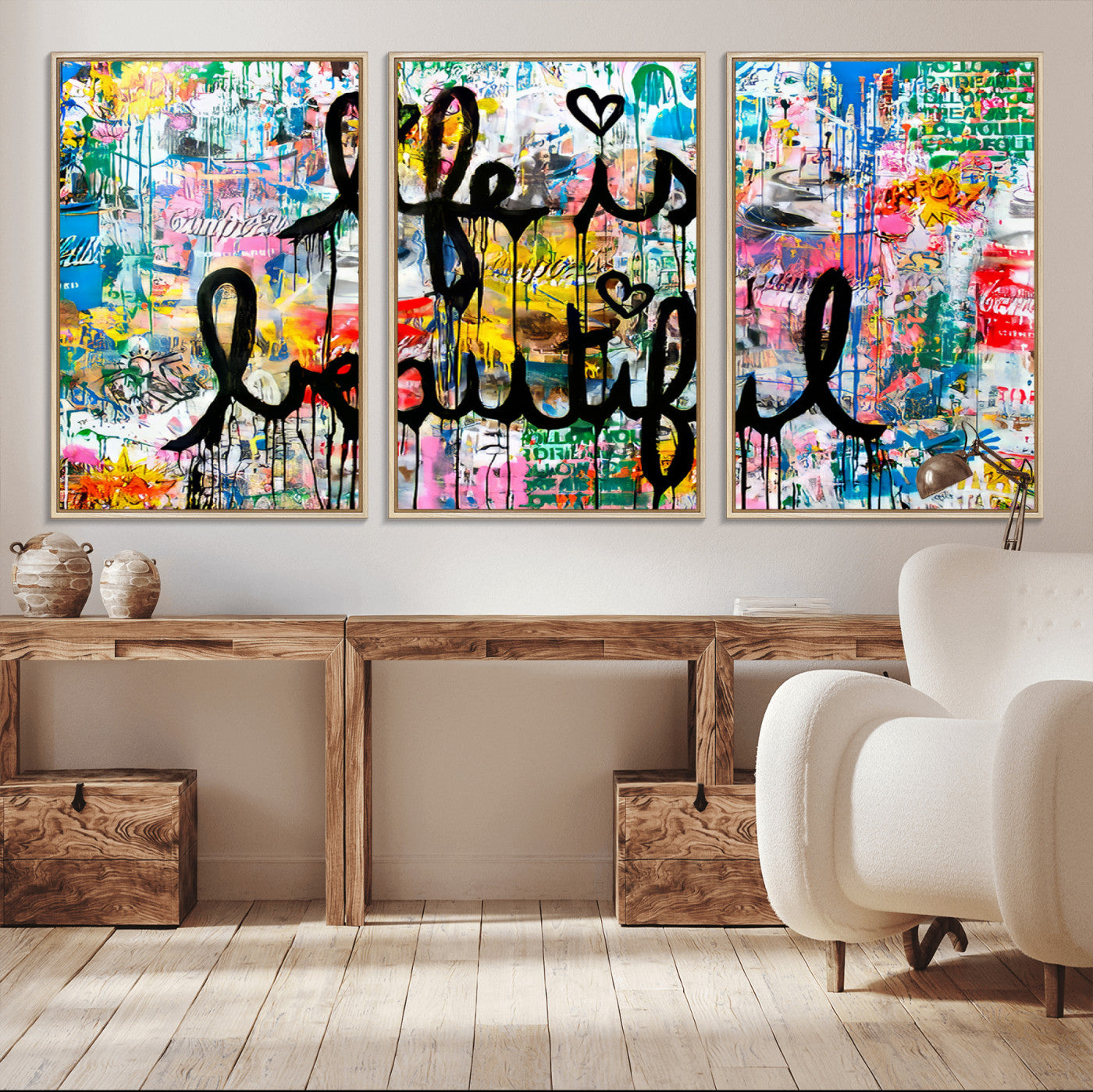 MGV-FC-60X30-3P - Life Beautiful Art Print - Banksy Graffiti Wall Art Canvas Print | Graffiti Wall Art Canvas Print