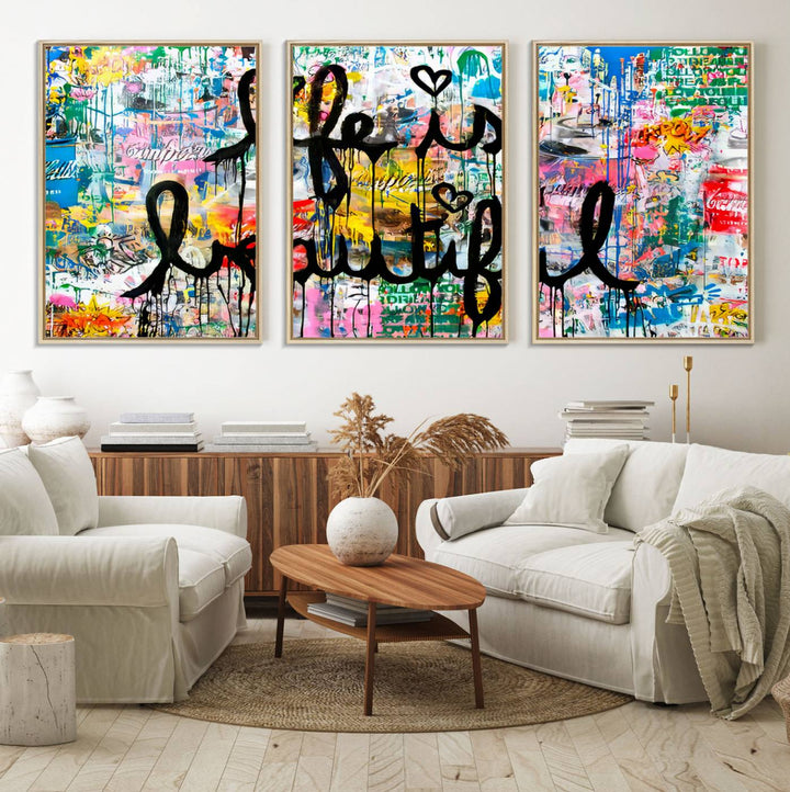 The Life Beautiful graffiti style canvas print is showcased in black script.