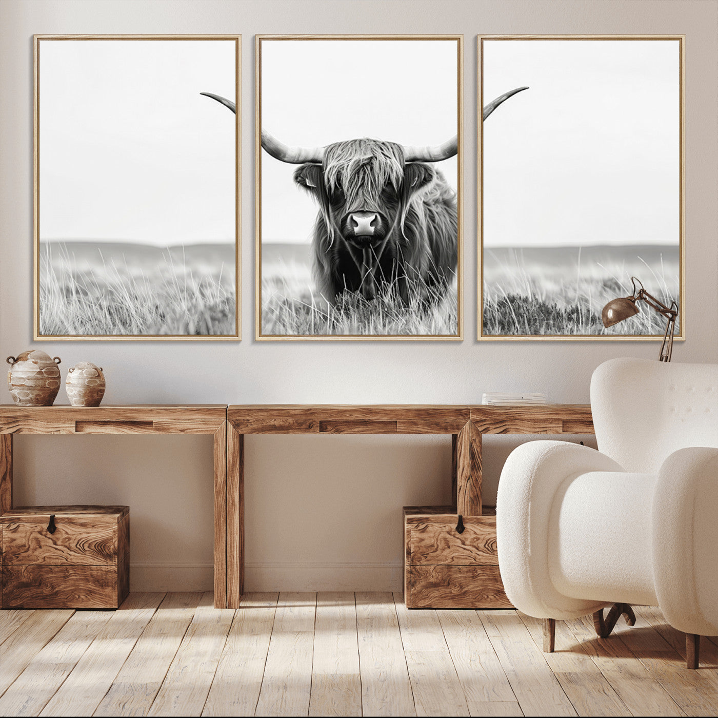 MGV-FC-60X30-3P - Highland Cow Canvas Wall Art – Majestic Beauty in Black and White
