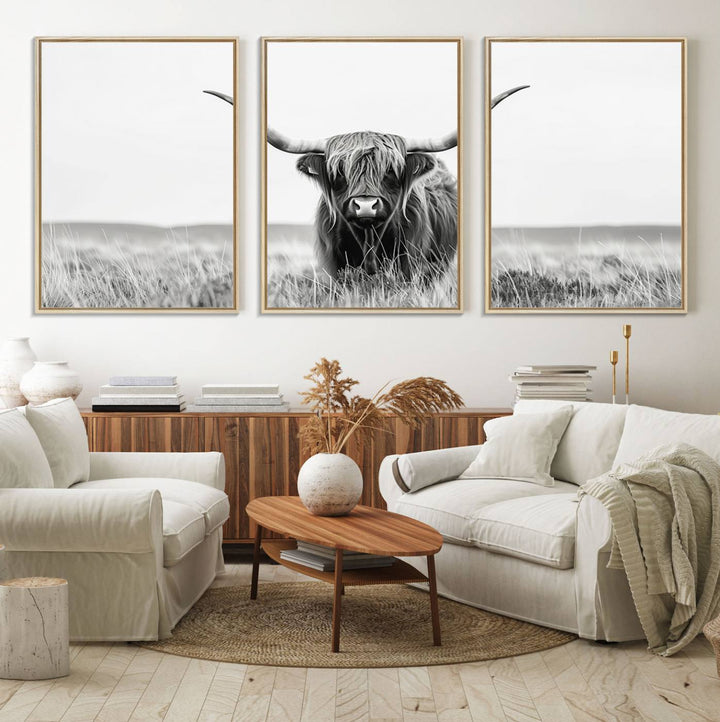 The Majestic Beauty canvas of a Highland cow adds elegance to the white walls as it hangs prominently.