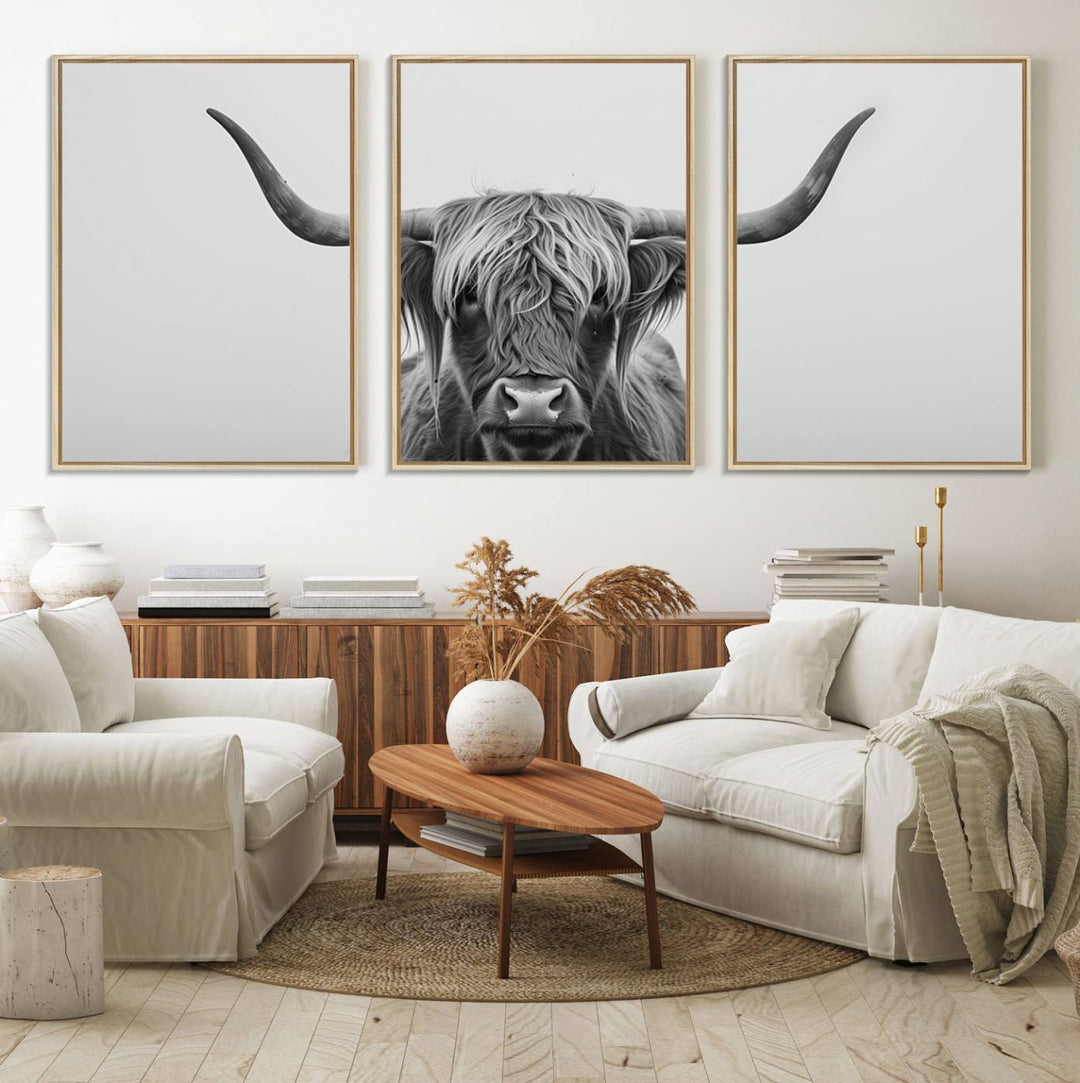 The Farmhouse Longhorn Wall Art Canvas Print adds rustic charm.