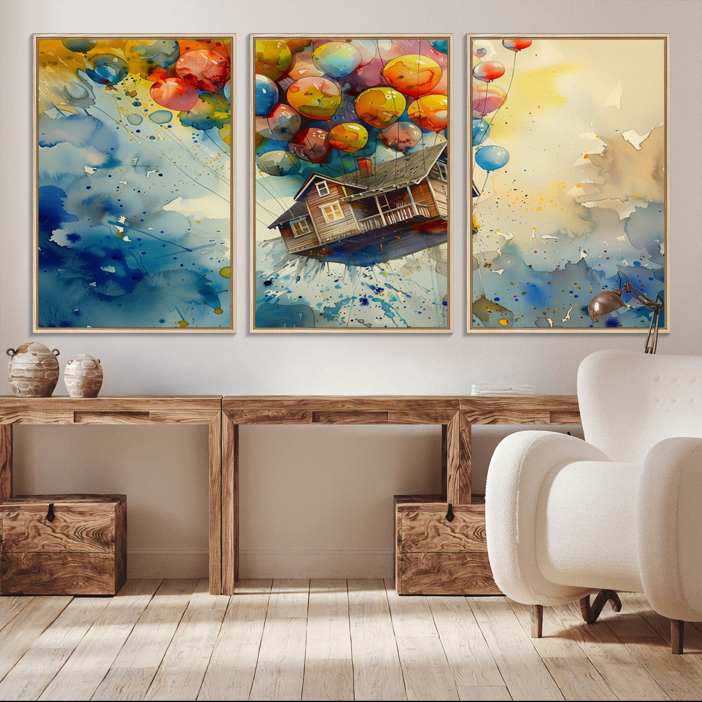 77149-MGV-FC-60X30-3P_Natural-UP-Inspired Floating House with Balloons Canvas Art – Colorful 3-Panel Wall Decor for Living Room,