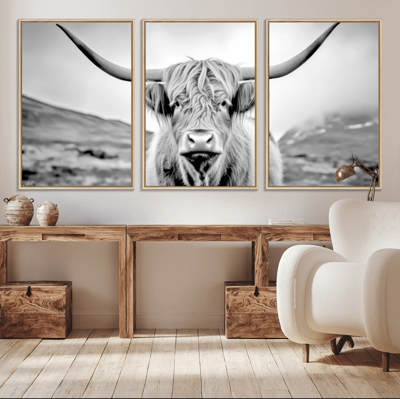 80564-MGV-FC-60X30-3P_Natural-Scottish Cow Wall Art Canvas Print