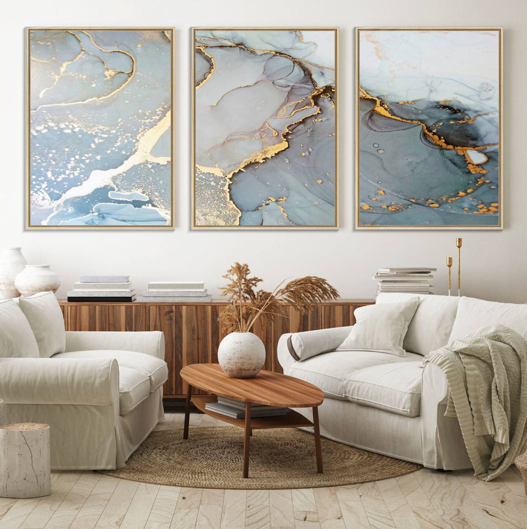 A blue and gold marbled Large Abstract Marble Wall Art Canvas Print hangs overhead.