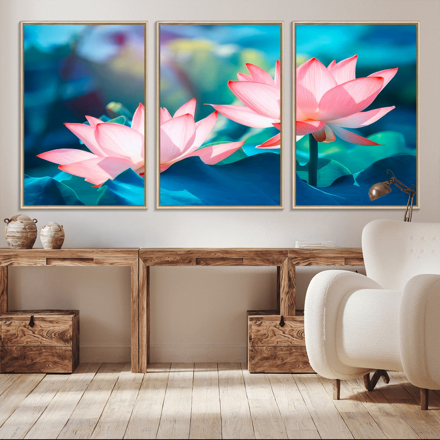 MGV-FC-60X30-3P - Pink Lotus Flower Canvas Wall Art | Vibrant Floral Wall Decor for Living Room, Office, or Bedroom | Large Botanical Art