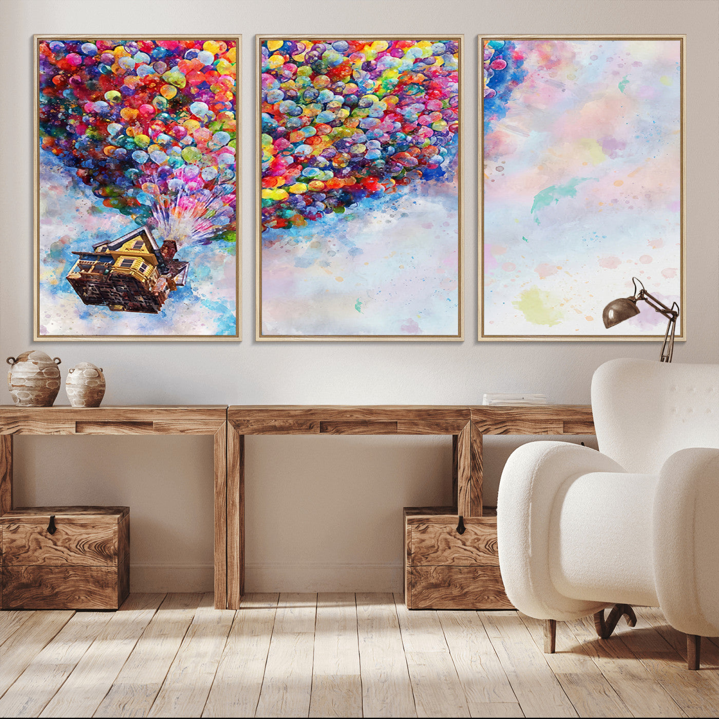 MGV-FC-60X30-3P - Don't Look Up Movie Canvas Wall Art - Vibrant Floating House and Balloons Scene, Tribute to Iconic