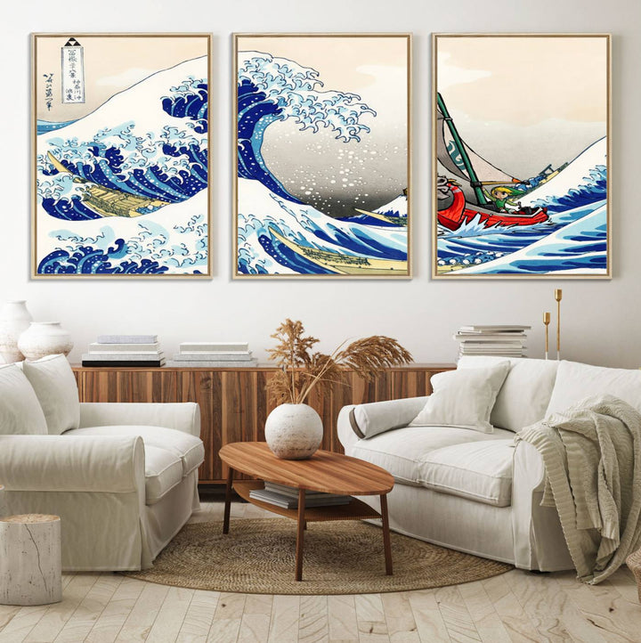 The Katsushika Hokusai Kanagawa Giant Wave Canvas print captures a vibrant sailing scene.