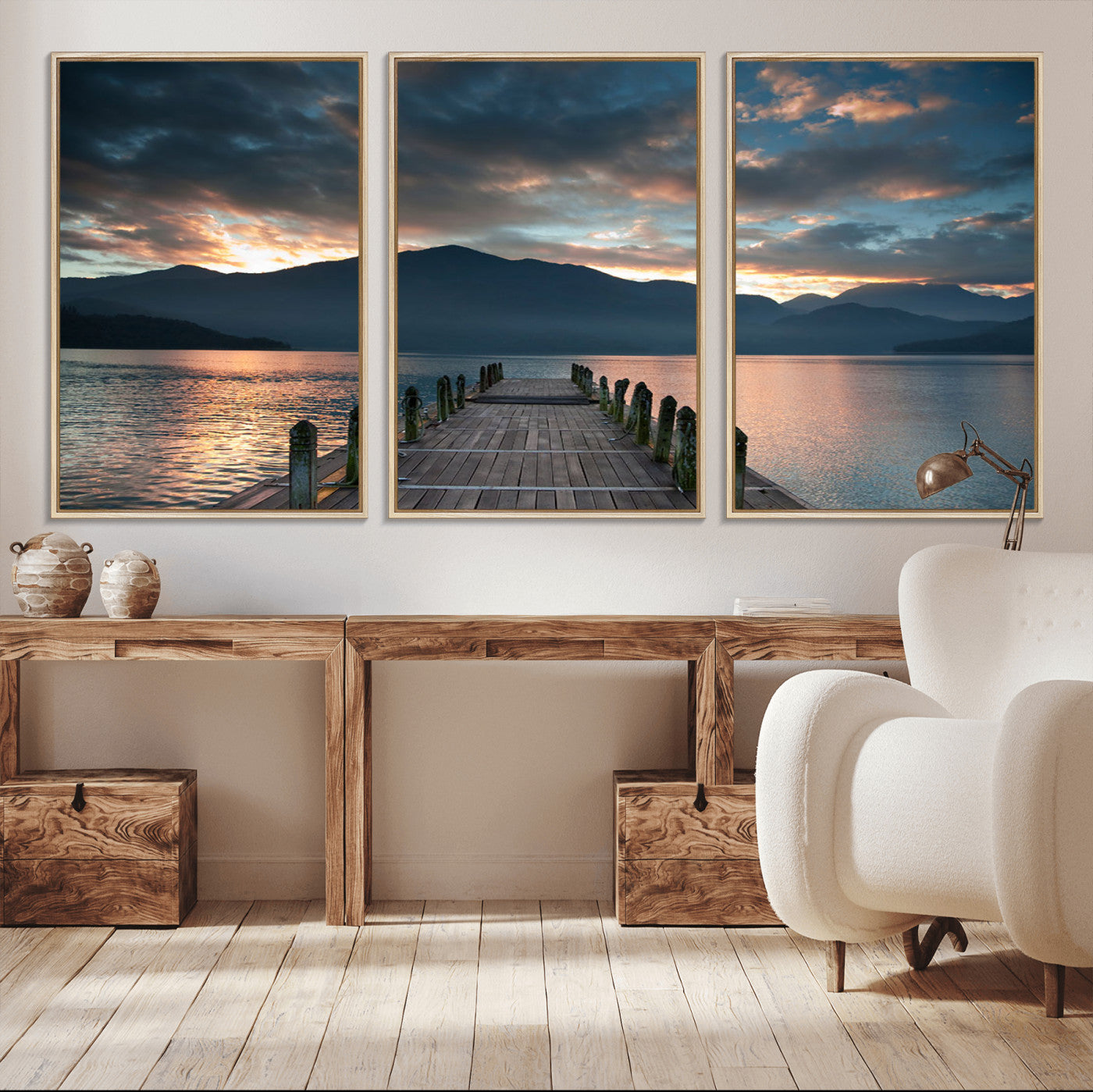 MGV-FC-60X30-3P - Mountain Lake Wood Pier Canvas Wall Art Nature Lake Print