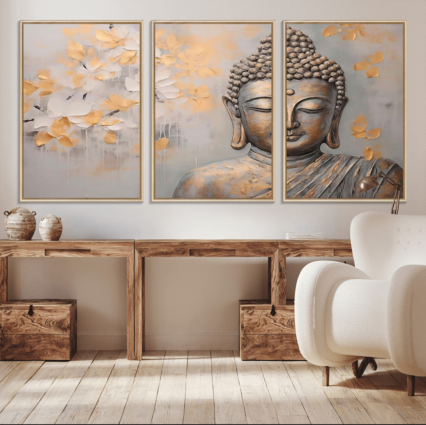 MGV-FC-60X30-3P - Abstract Buddha Statue Wall Art Canvas Print - Modern Meditation Decor for Living Room, Office, Yoga Studio Decor