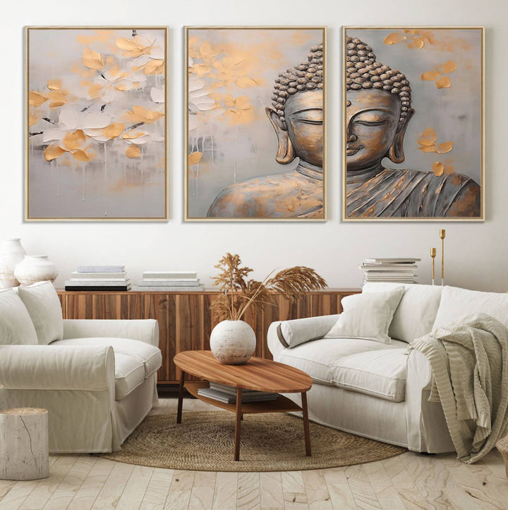 The serene dining room features Abstract Buddha Statue Wall Art.