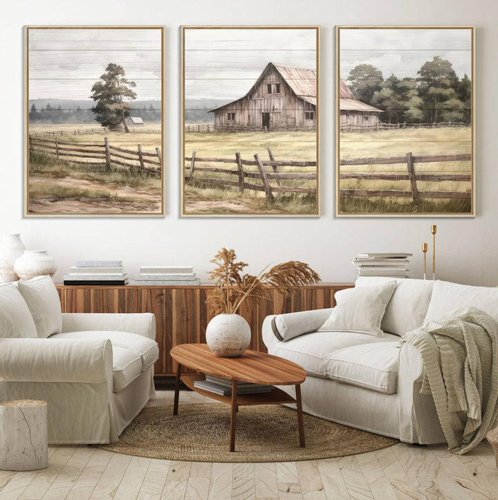 The wall is adorned with a Rustic Farmhouse Barn Wall Art.