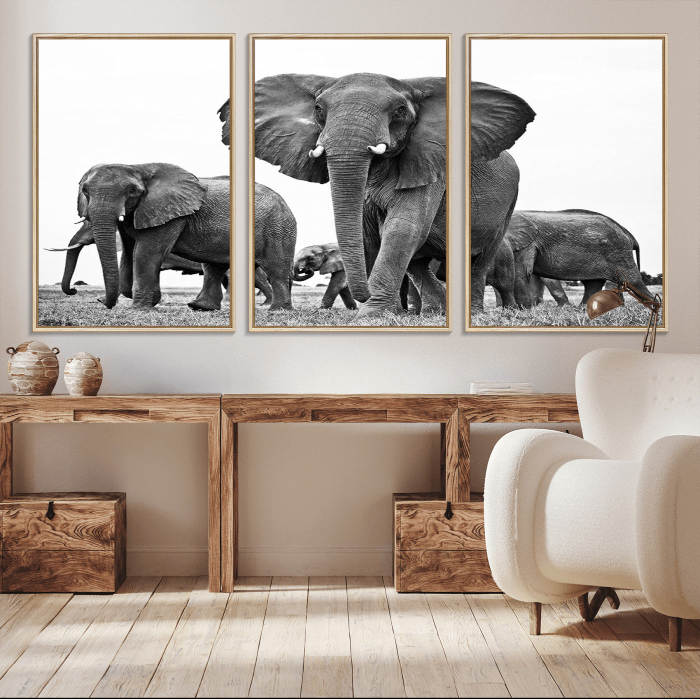 -Black White Elephant Family Wall Art Canvas Print