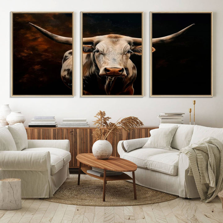 A large 3-panel Texas Longhorn canvas print dominates the space.