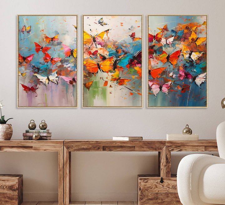 The Abstract Butterfly Wall Art Canvas Print hangs prominently, adding a touch of elegance and creativity to the room.