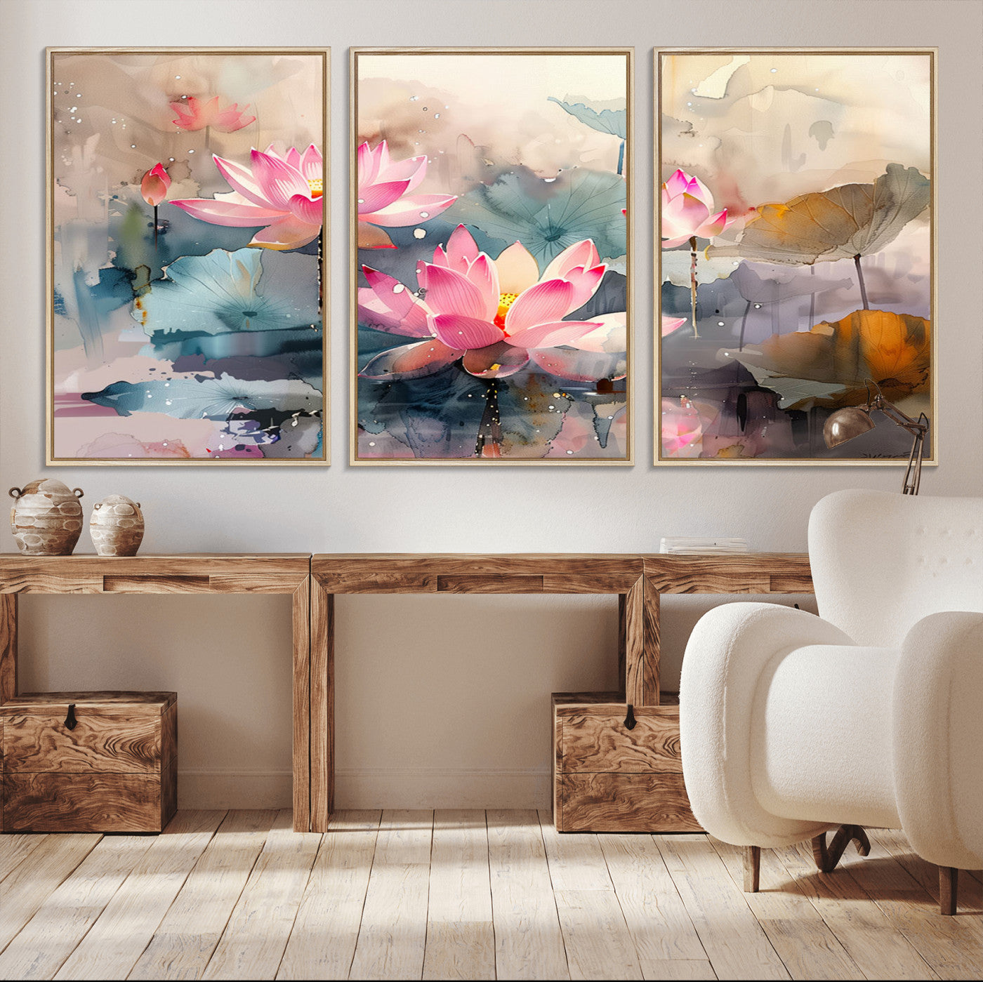 MGV-FC-60X30-3P - Lotus Flower Wall Art | 3-Panel Giclee Canvas Print of Pink Lotus Blossoms for Living Room, Bedroom, Office | Framed Lotus Floral Wall Art Decor Print