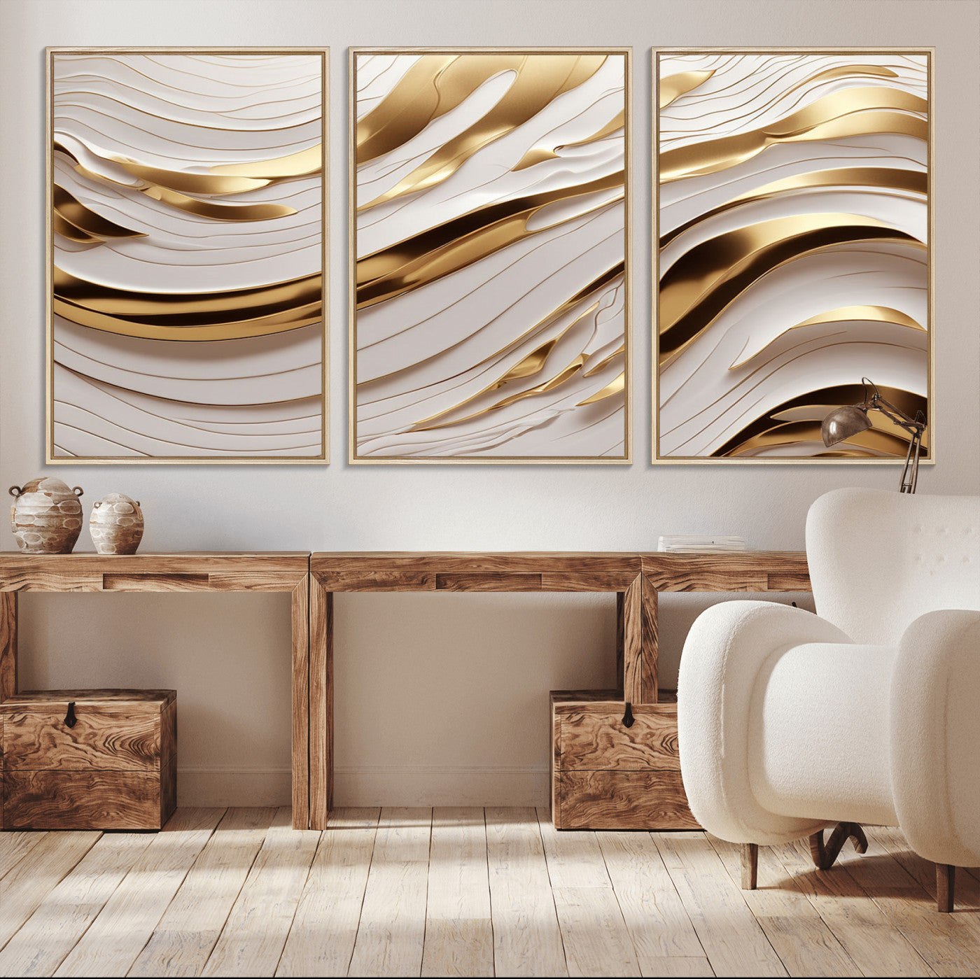-Gold and White Abstract Wave Canvas – Elegant Flowing Design with Luxurious Golden Accents –