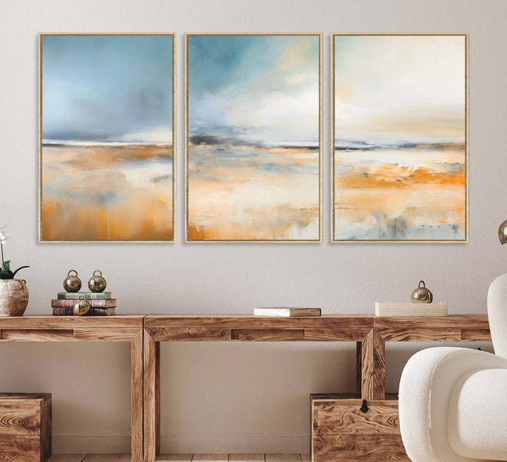 Abstract Landscape Wall Art in warm tones of orange and blue.