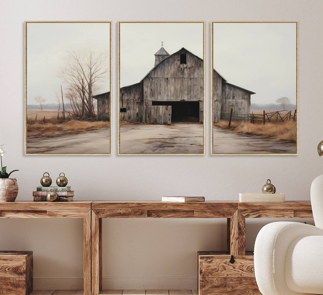 The Farmhouse Rustic Barn Wall Art Canvas Print, framed and ready to hang, enhances the farmhouse décor.