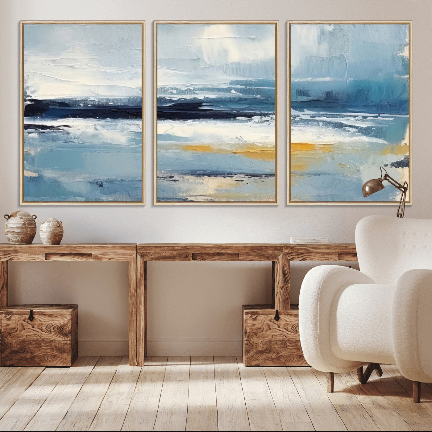 19746-MGV-CV-36X24-Abstract Ocean Canvas Wall Art - Coastal Blue and Gold Textured Painting, Modern Seascape Decor for