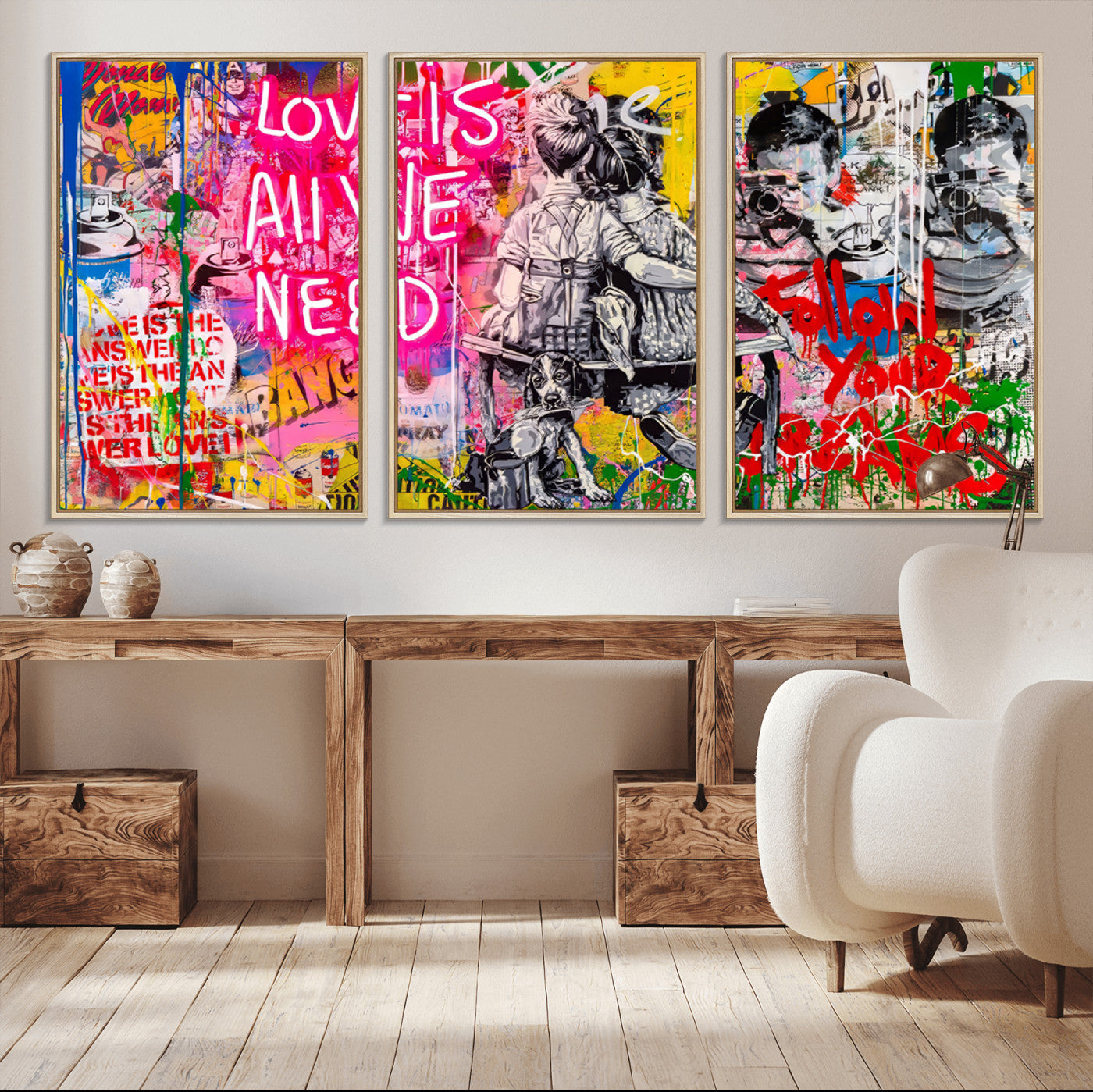 67019-MGV-CV-36X24-Follow Your Dreams & Love is All We Need Graffiti Street Art Triptych | Colorful Urban Wall Art