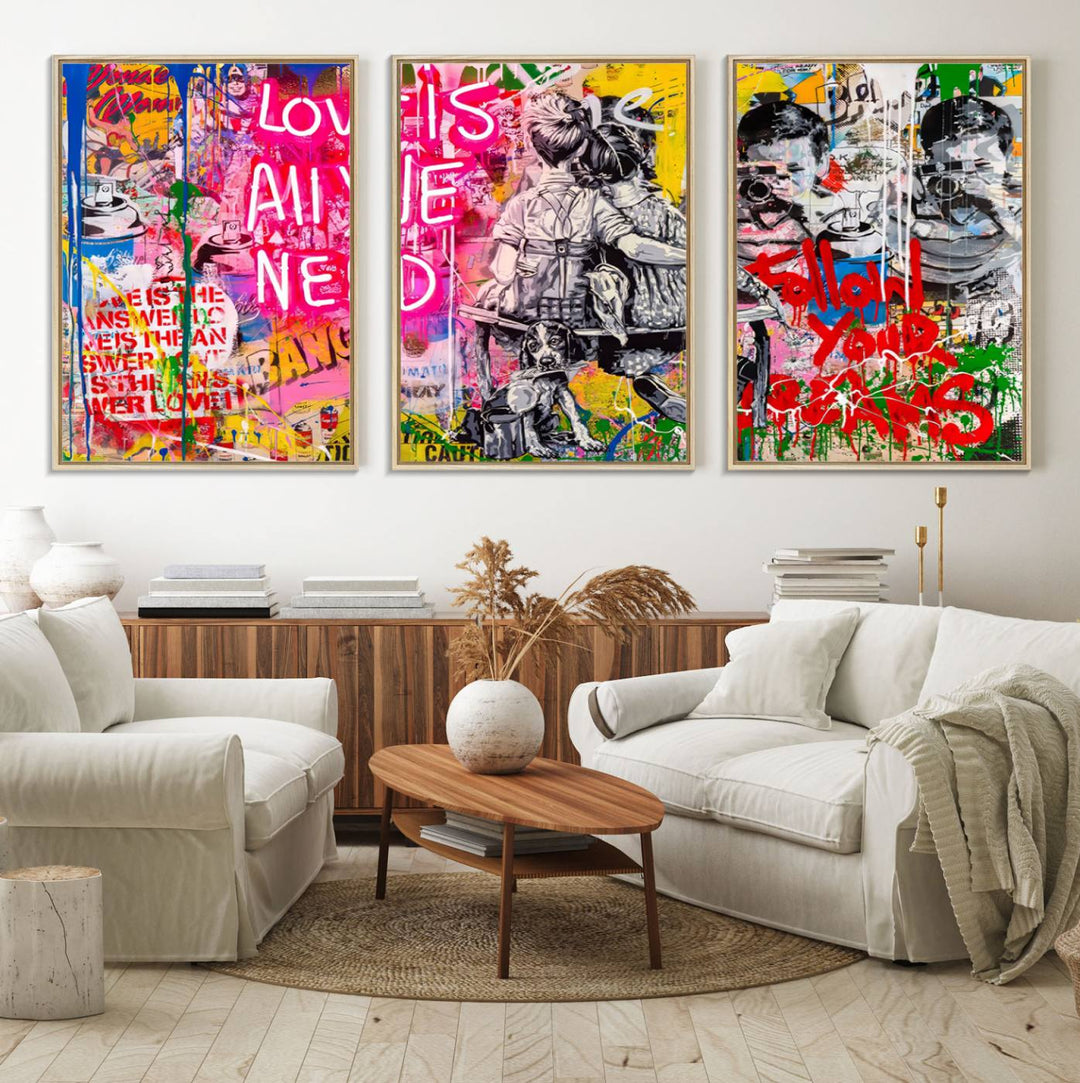 A vibrant and dynamic triptych features distorted horizontal lines, resembling graffiti street art. This artwork conveys the themes of "Follow Your Dreams" and "Love is All We Need" across three colorful panels.