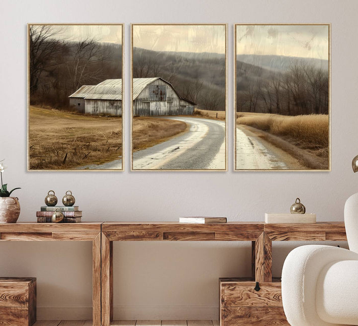 The wall exudes rustic charm, highlighted by the Vintage Barn Farmhouse Wall Decor Canvas Print.