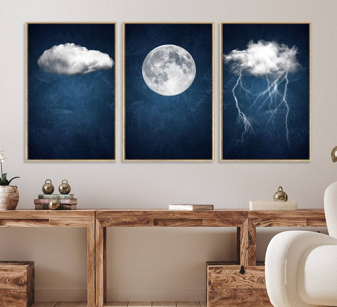 Dark Blue Cloud Art featuring a surreal moon and thunderstorm on a dark background.