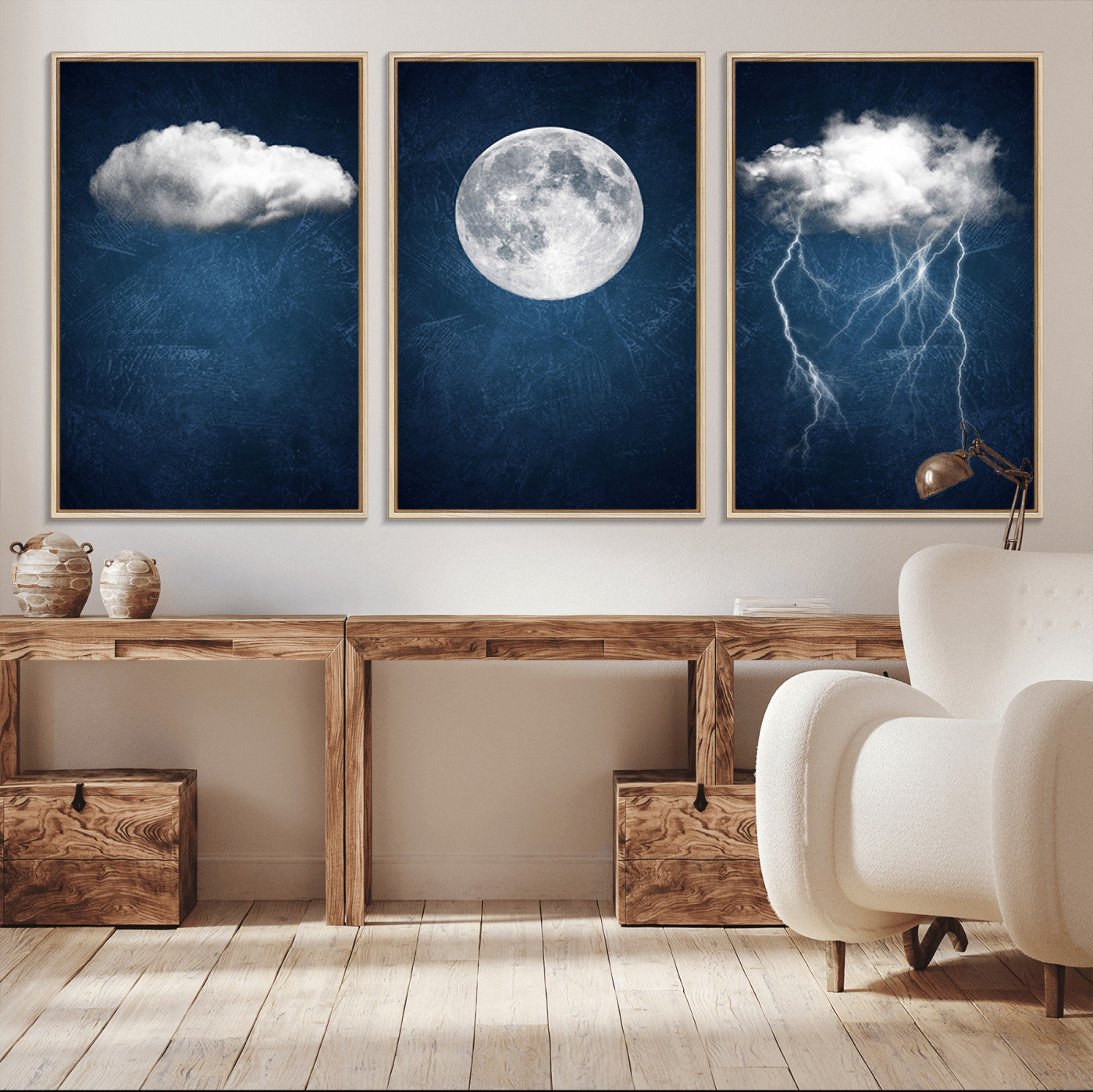 -Dark Blue Cloud Art, 3 Piece Indigo Blue Wall Art, Aesthetic Surreal Art, Thunderstorm Moon Cloud