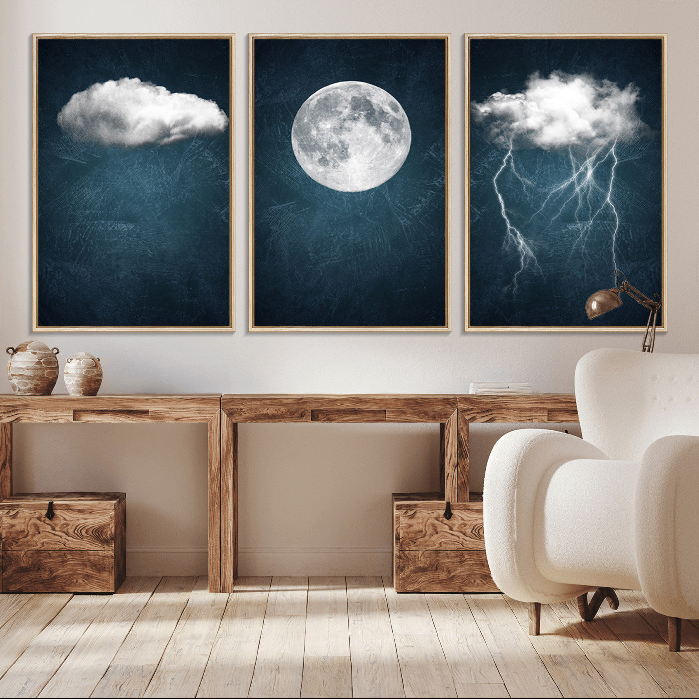 17673-MGV-FC-60X30-3P_Natural-3 Piece Indigo Cloud Wall Art, Thunderstorm Moon Cloud Artworks