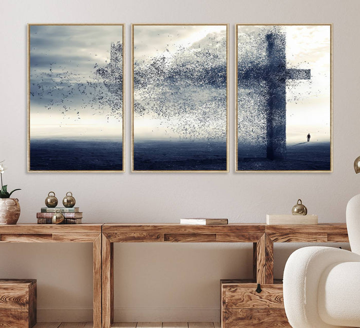 The Jesus and the Fading Cross wall art portrays a moody landscape.