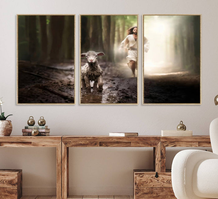 The Jesus Running After Lost Lamb canvas wall art adds a touch of spiritual significance.