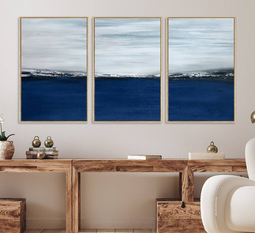 A Navy Blue Abstract Wall Art Canvas Print is displayed above the backsplash.