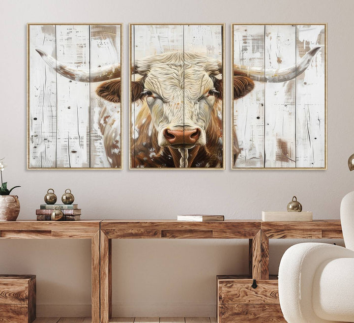 A Western-inspired Rustic Longhorn Bull Wall Art Canvas Set.