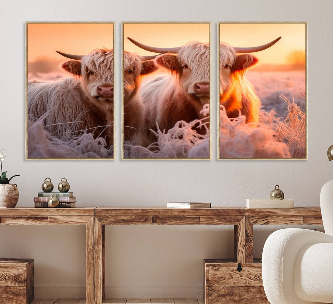 Highland Cows at Sunrise Wall Art adds serene rustic farmhouse charm.