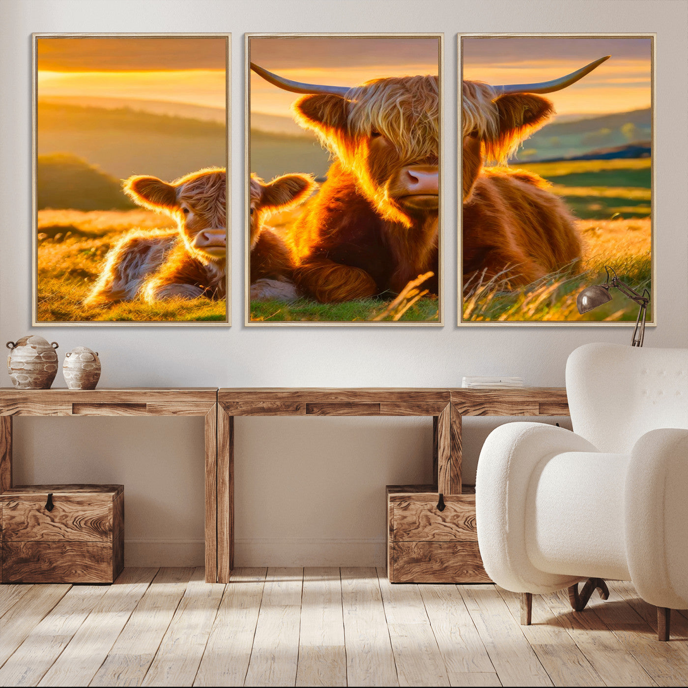 -Scottish Cow and Baby Cow Canvas Wall Art Animal Print Fluffy Cattle Framed Farmhouse Decor