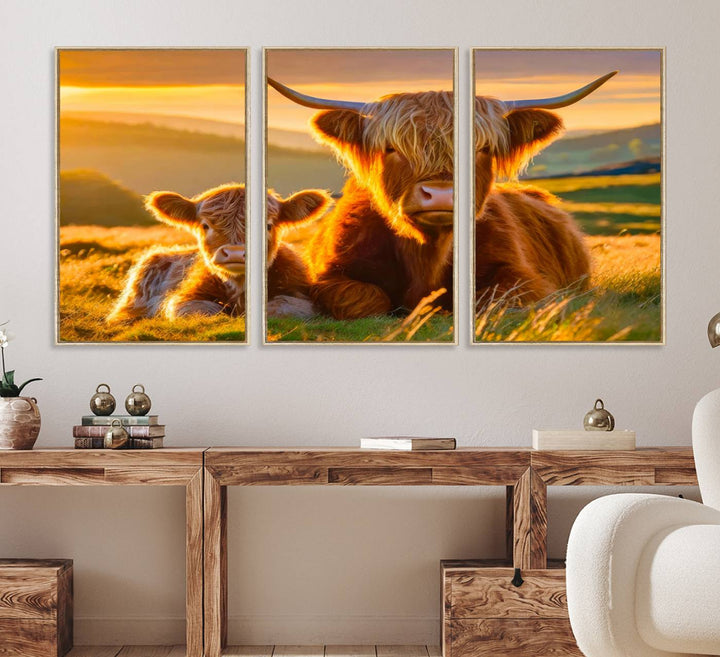 The Scottish Cow and Baby Cow Canvas Wall Art captures sunset fields.