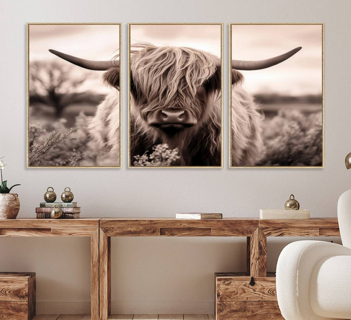 The Scottish Cow Longhorn Wall Art Canvas Print adds charm to the kitchen.