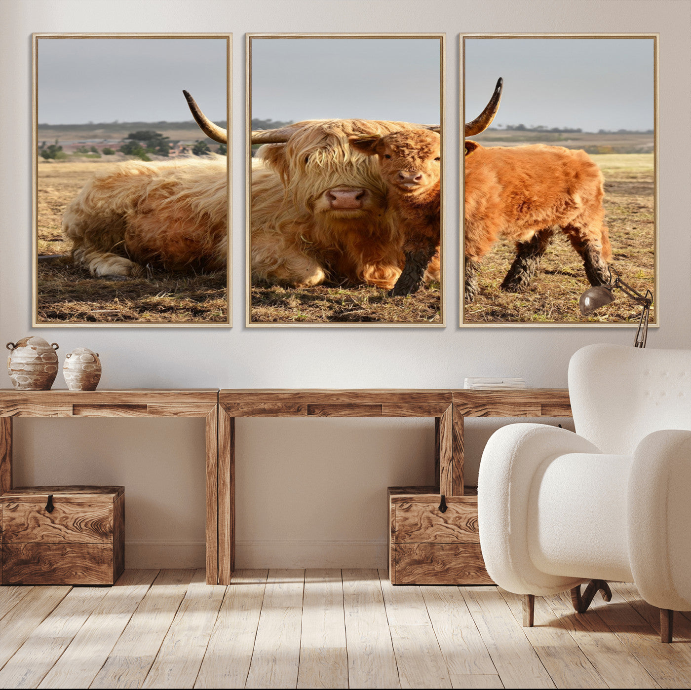 MGV-FC-60X30-3P - Highland Cow Canvas Wall Art Animal Print for Farm House Decor