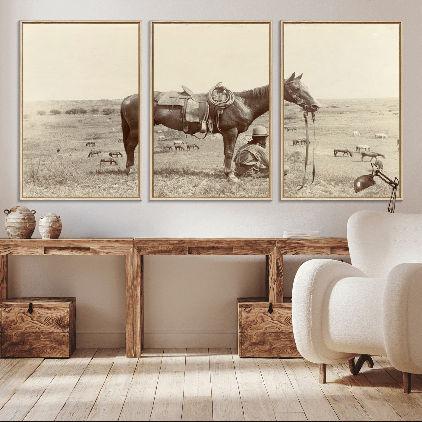 MGV-FC-60X30-3P - Cowboy Wall Art - Western Horse Canvas Print - Vintage Western Wall Art Canvas Print, Ready to Hang