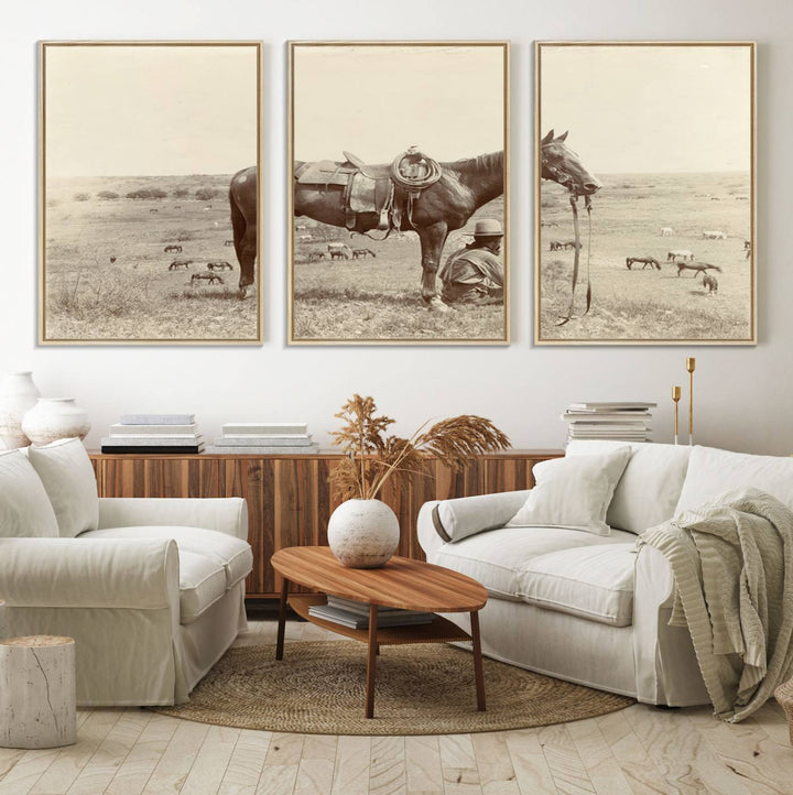 Cowboy Wall Art - Vintage Western Horse Canvas Print features a cowboy kneeling by his horse in a field.