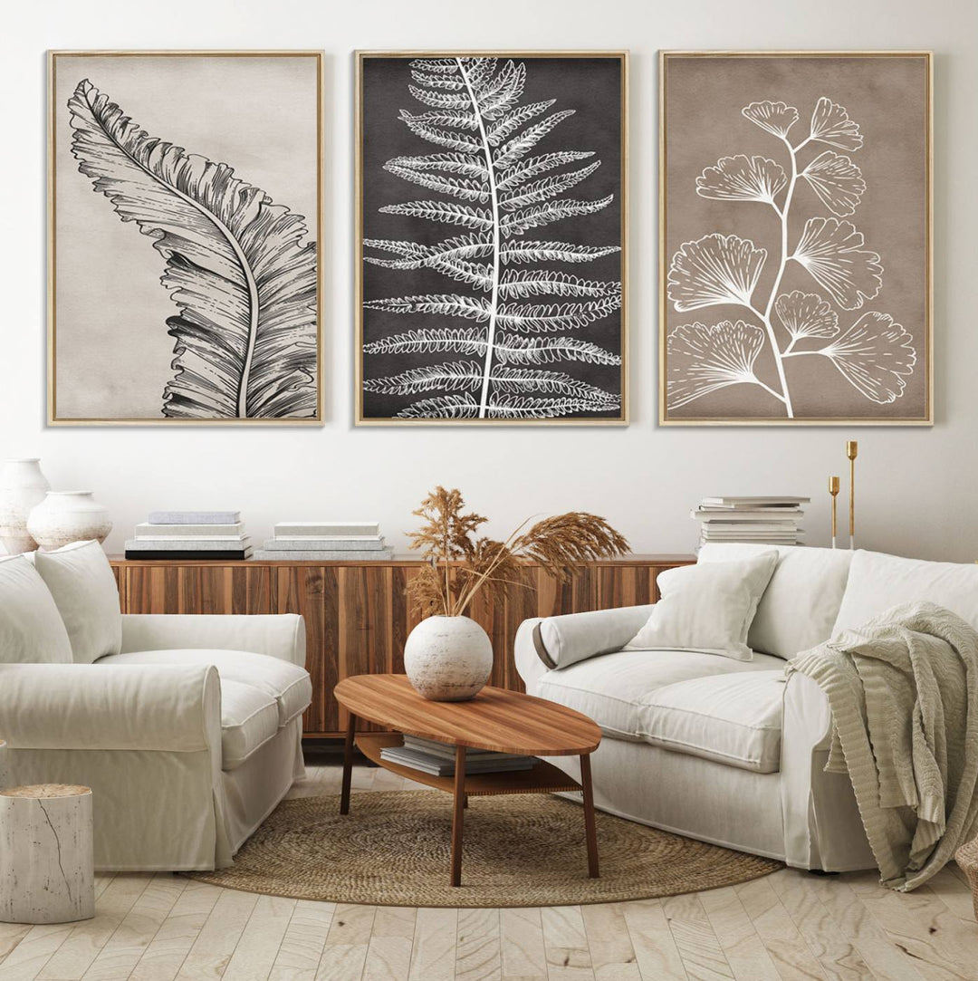 Three framed botanical wall art pieces are displayed in a bright room.