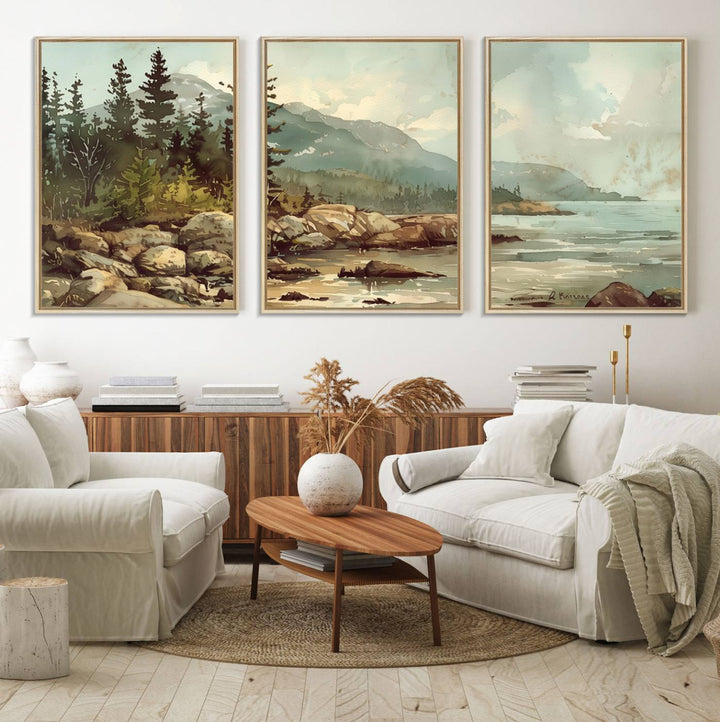 Framed Abstract Acadia National Park wall art, depicting a rocky coastline with trees and mountains, ready to hang.