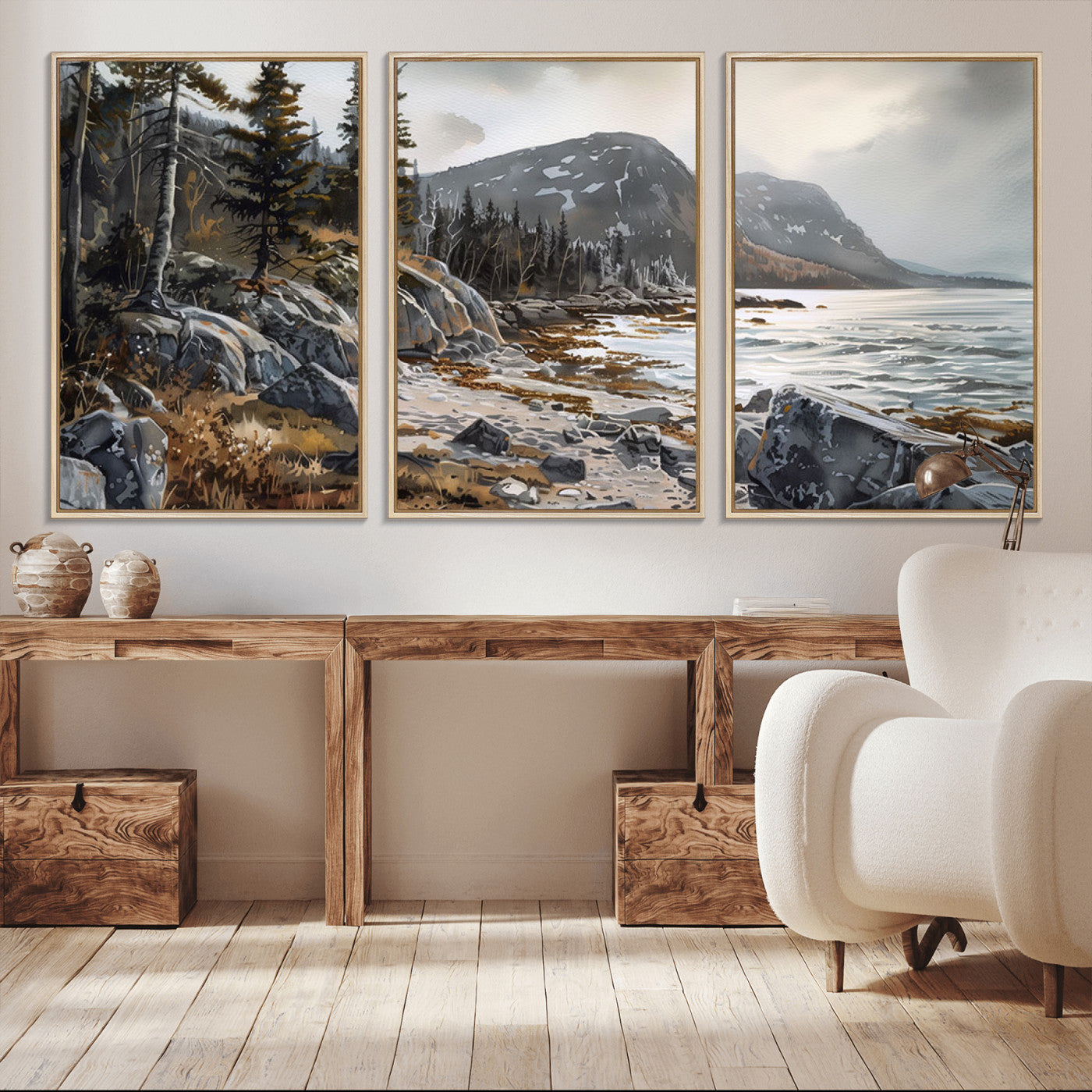 -Serene Coastal View of Acadia National Park - Stunning 3-Panel Wall Art Canvas Print, Framed, Ready