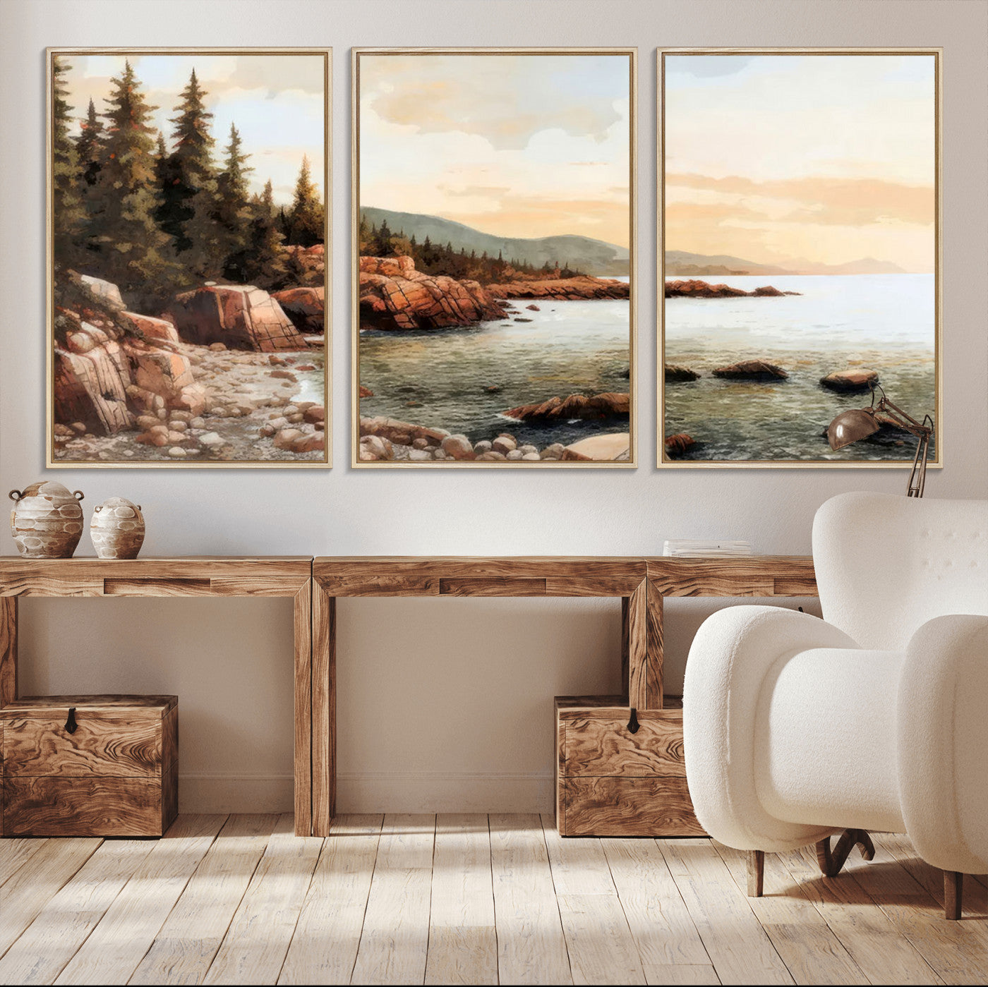 77145-MGV-FC-60X30-3P_Natural-Serene Coastal View of Acadia National Park Wall Art - Stunning 3-Panel Wall Art Canvas Print,