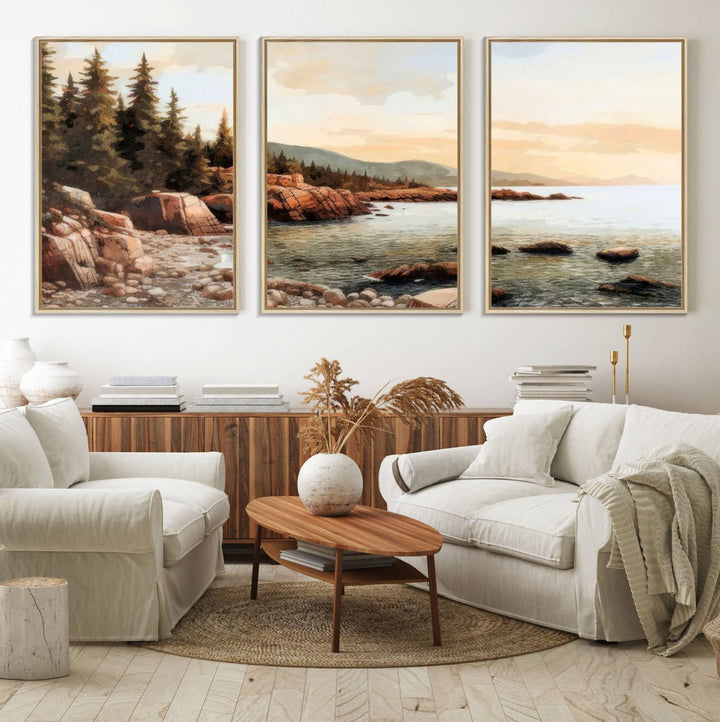 The Serene Coastal View of Acadia National Park 3-panel canvas, framed and ready to hang, adorns the wall.