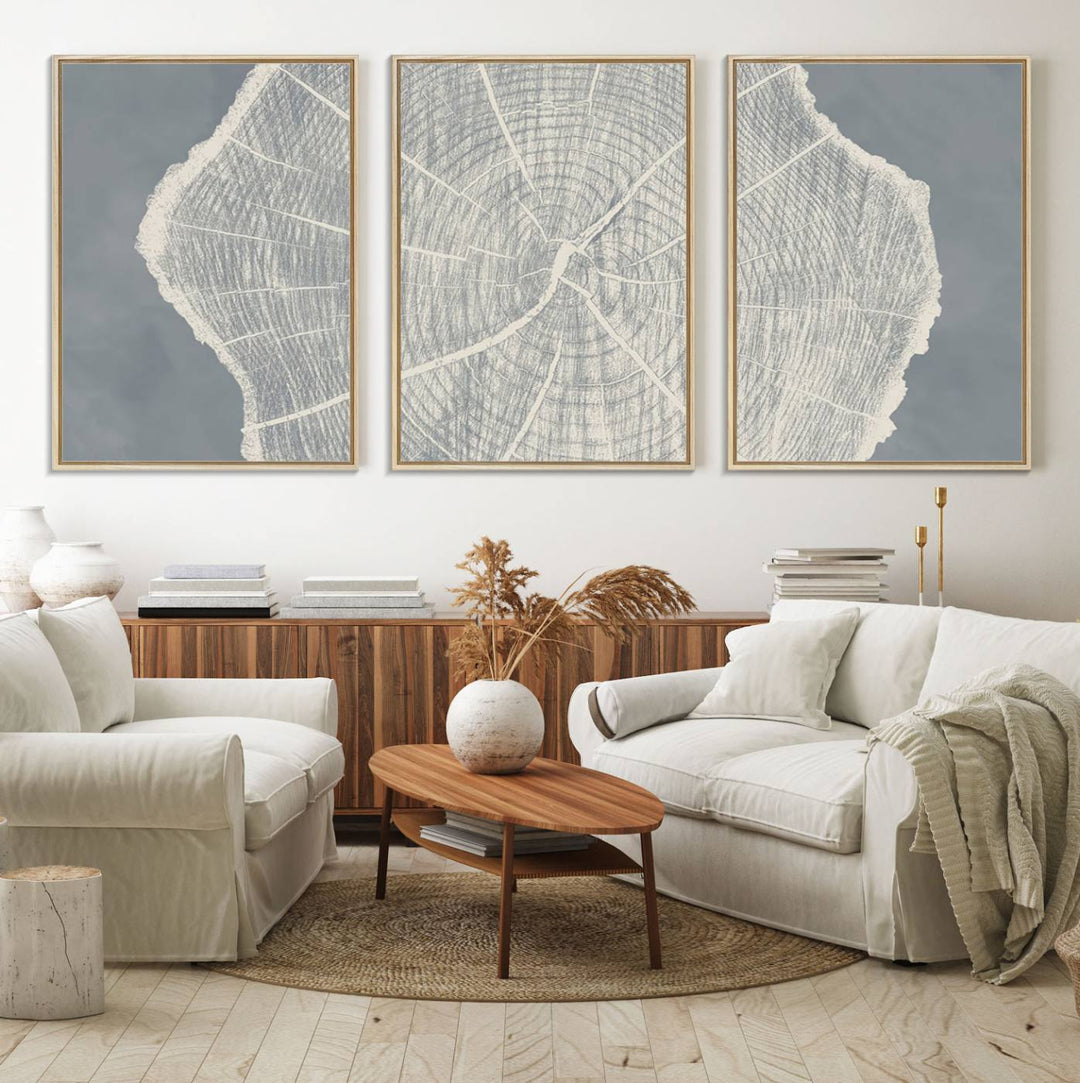 A gray wall displays the Abstract Tree Ring Wall Art print.