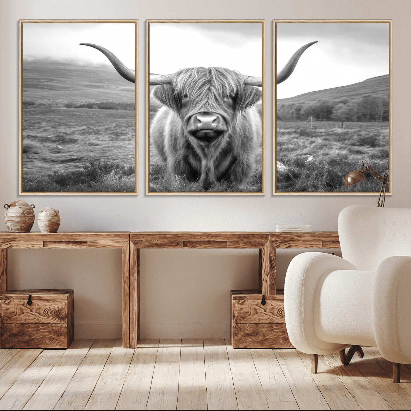 MGV-FC-60X30-3P - Black White Scottish Highland Cow Canvas Farm Wall Art Canvas Print